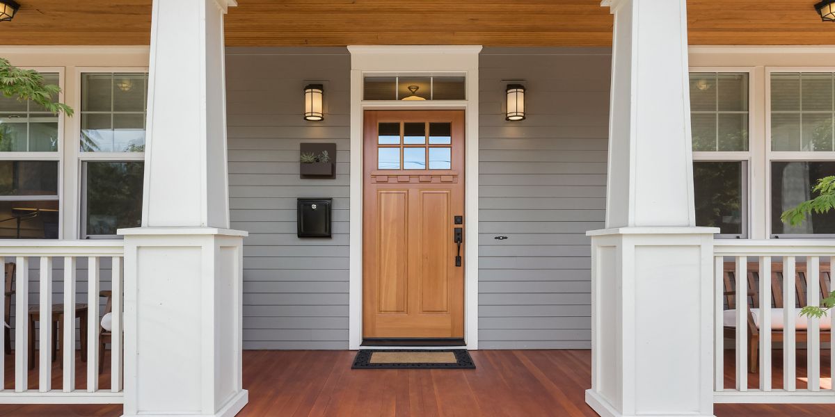 new front door stained gray siding white columns