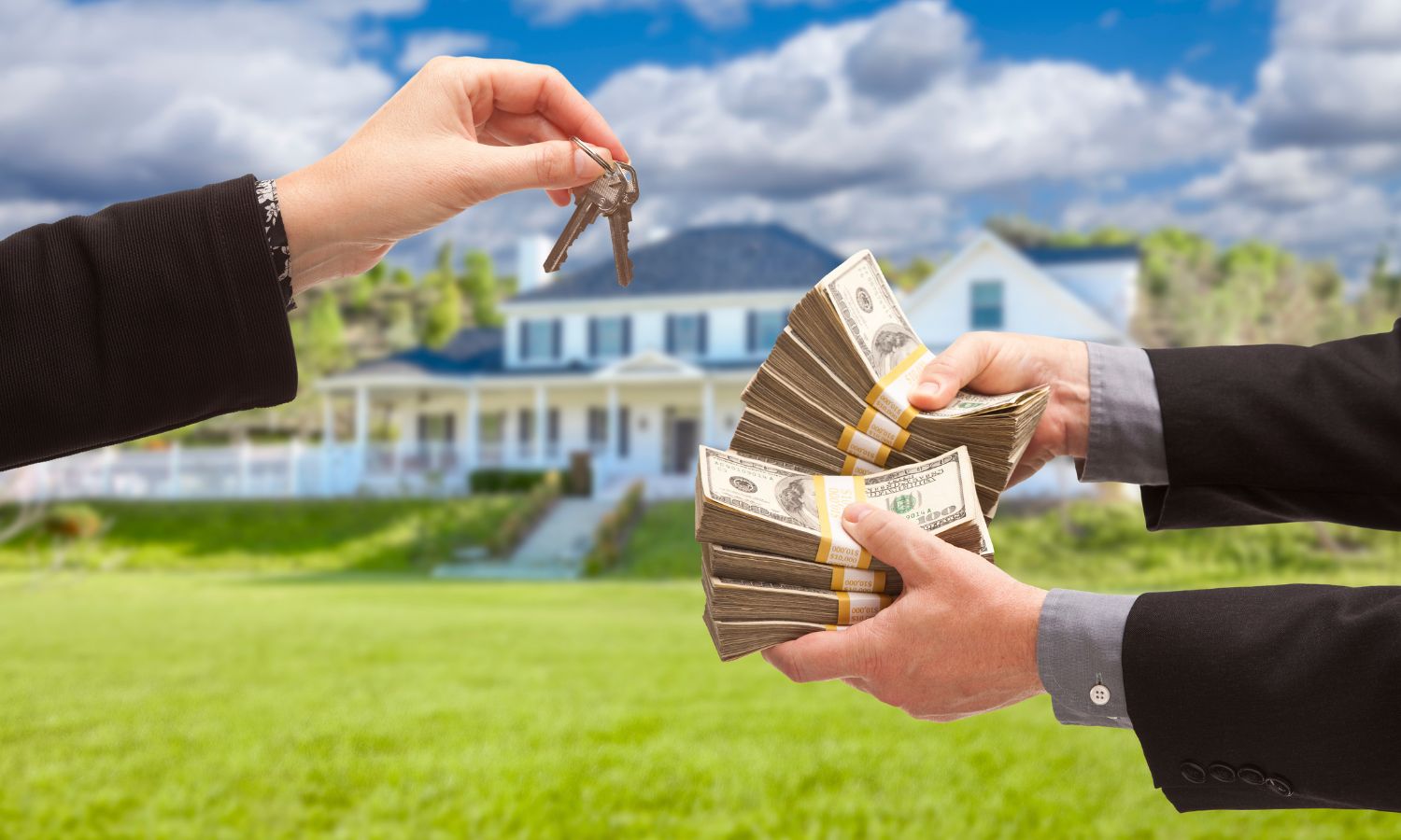 "Person handing over house keys in exchange for large stacks of hundred-dollar bills with a house in the background.