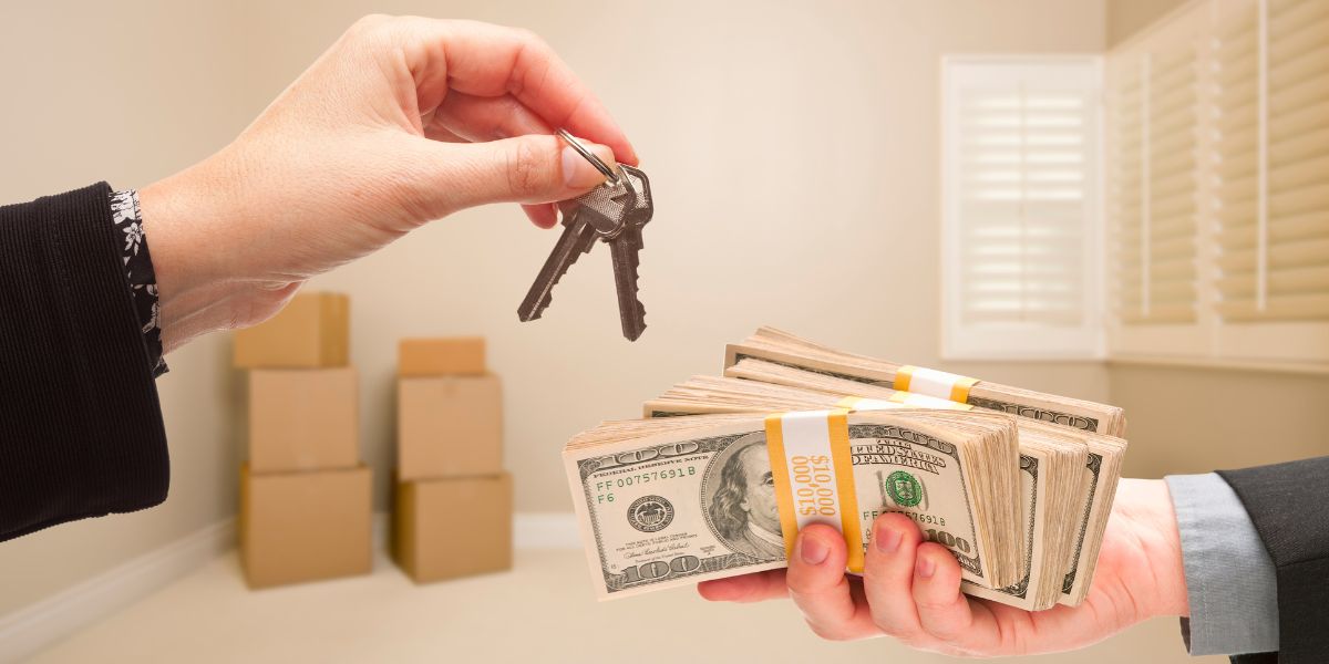 Hand exchanging house keys for a stack of hundred-dollar bills with moving boxes in the background.